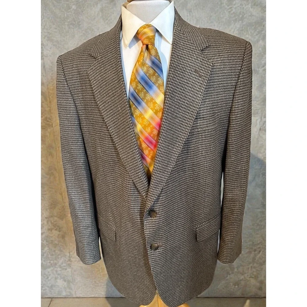 Vintage TownCraft Tweed Sport Coat Brown Houndstooth Jacket 46R Wool Silk Poly